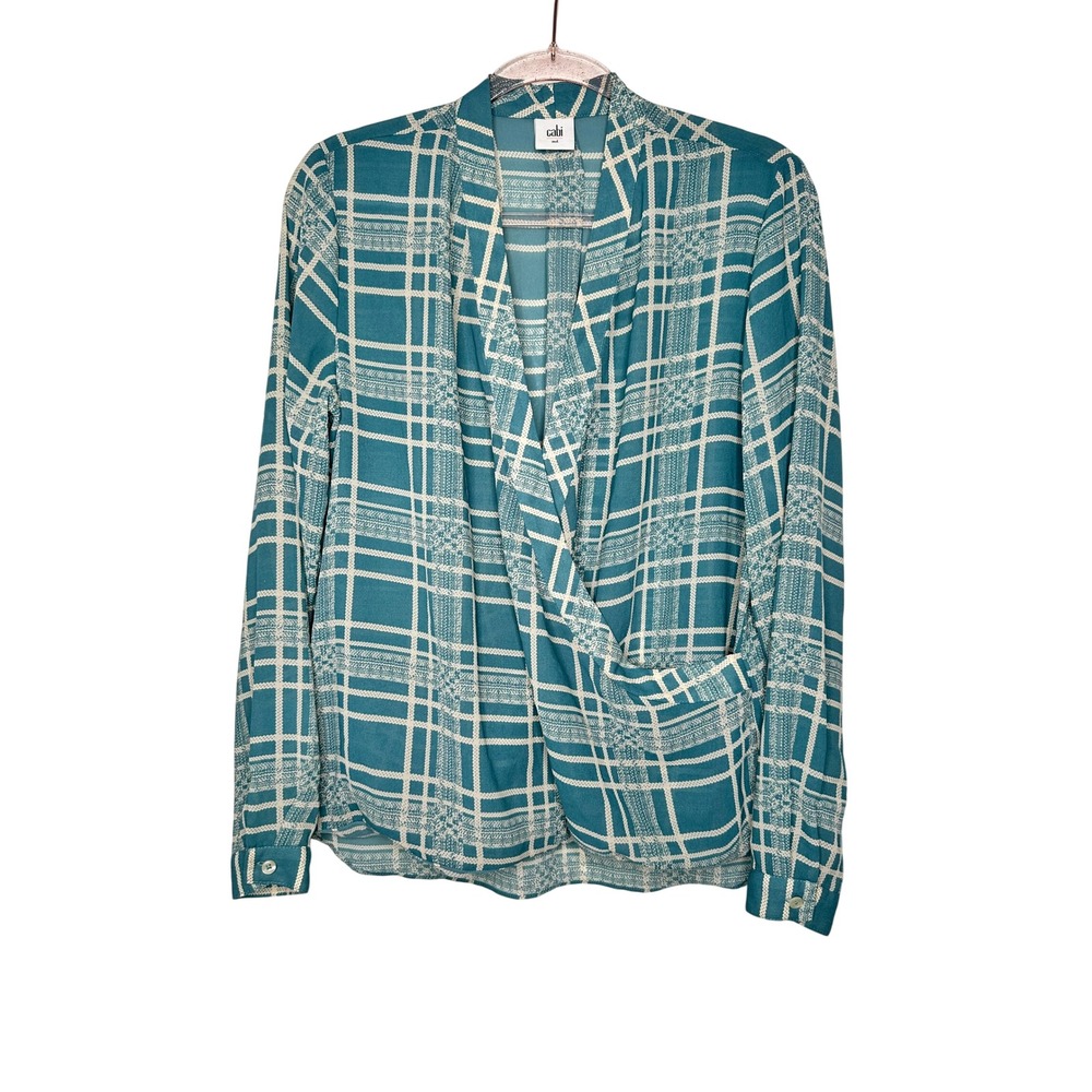 Cabi Plaid Faux Wrap Front Top Long Sleeve Size M Blue 3068 Preppy Office